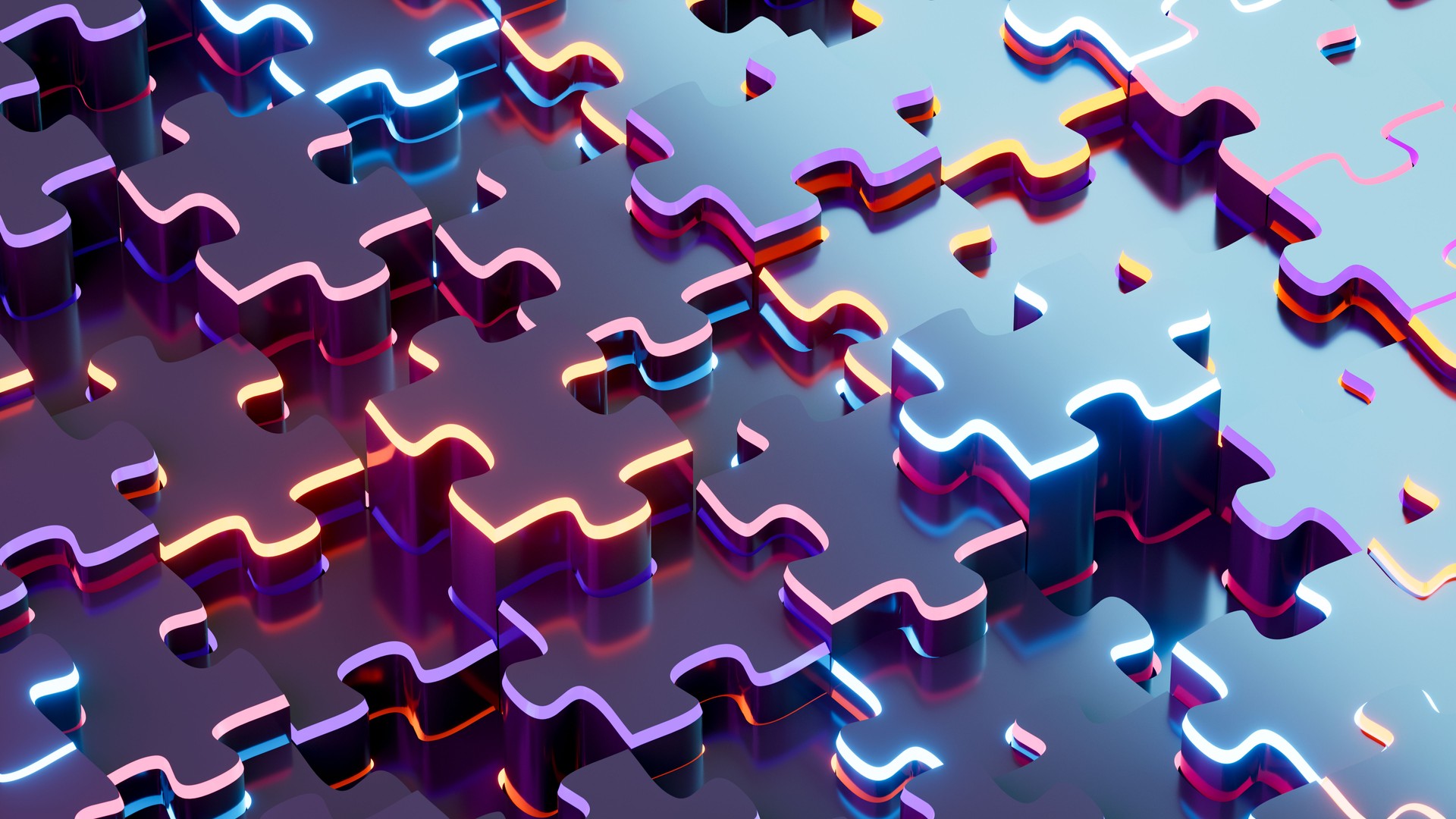Jigsaw Puzzle Pieces with Neon Lines, Cyber Background
